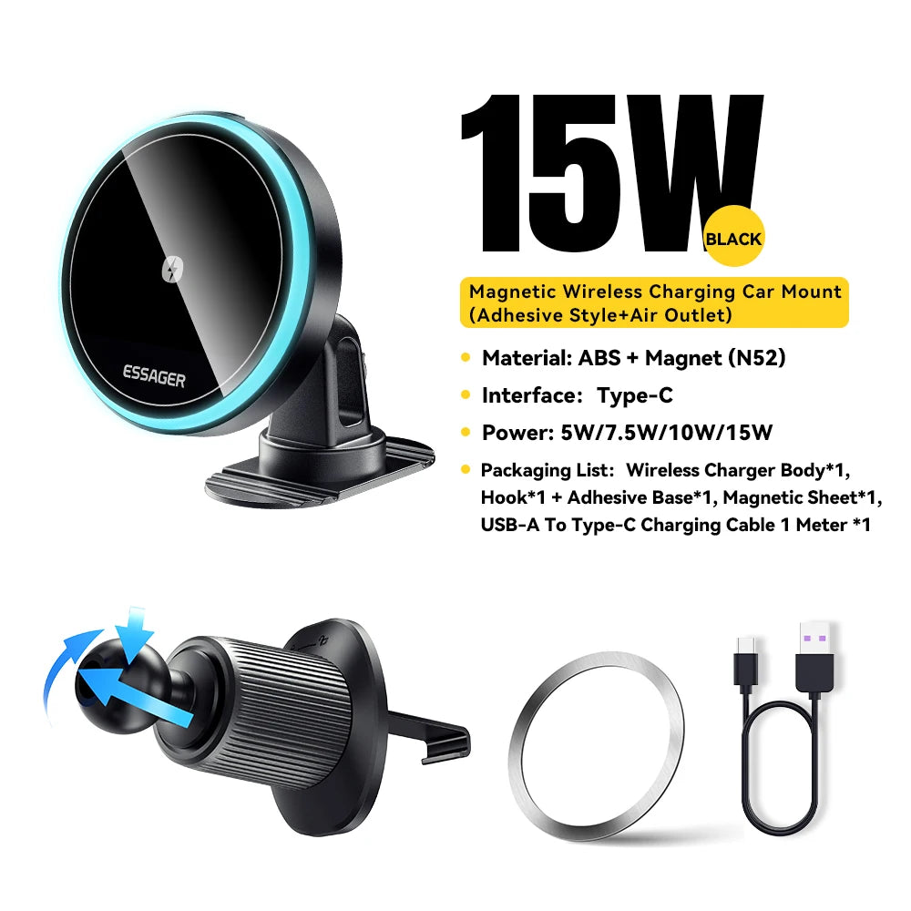 15W Magnetic Wireless Car Charger – Secure MagSafe Phone Mount