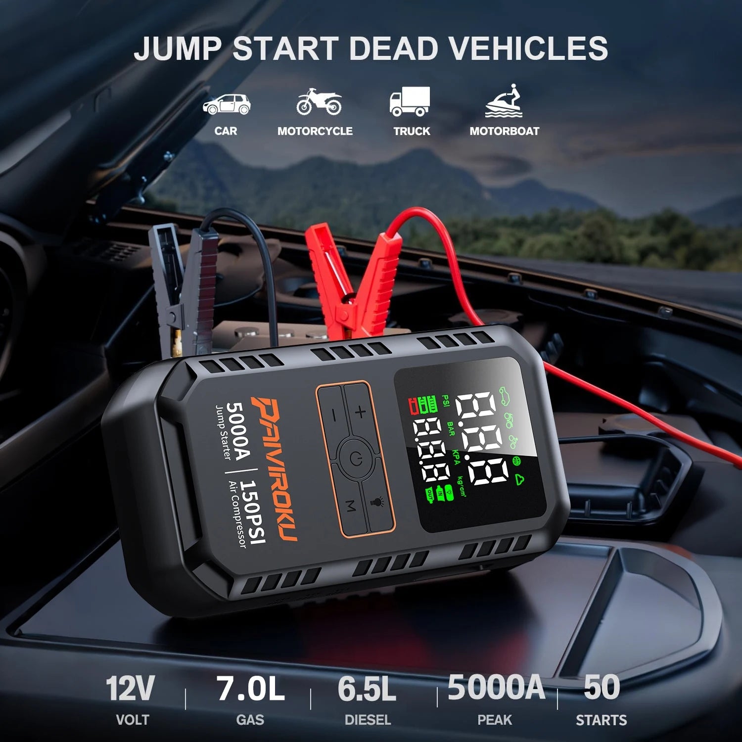 PAIVIROKU 4-in-1 Car Jump Starter – 5000A Peak, Air Compressor, Power Bank & Tire Inflator