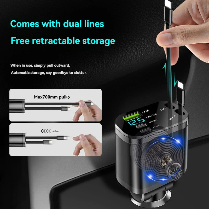 Car Charger with Retractable Cable – 5-in-1 Fast Charging (3.1A, PD, USB)