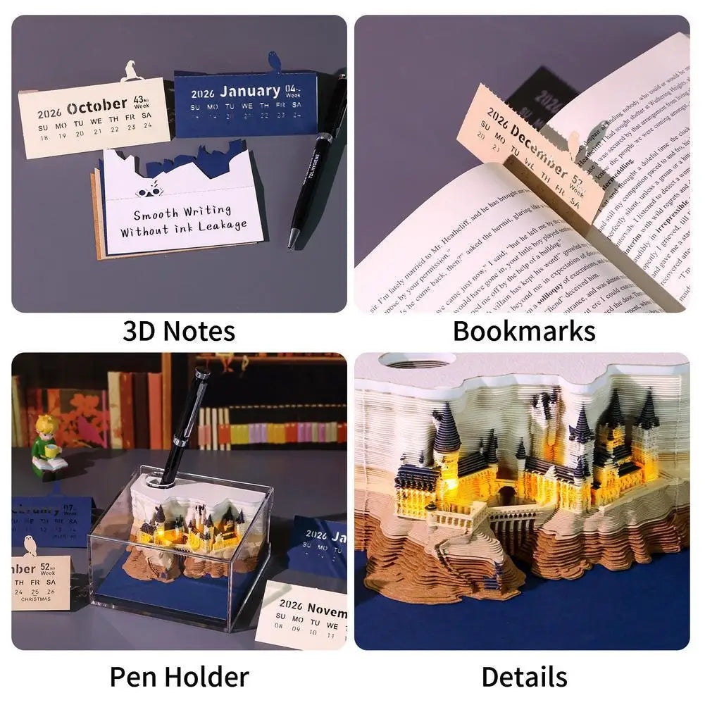 2026 Creative Hogwarts Magic Castle Calendar Sticker With Light 3D Hand-torn Castle Calendar Tear-Away Notepad DIY Craft Gifts
