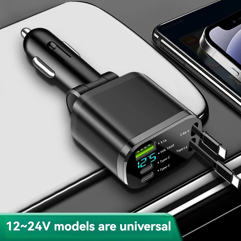 Car Charger with Retractable Cable – 5-in-1 Fast Charging (3.1A, PD, USB)