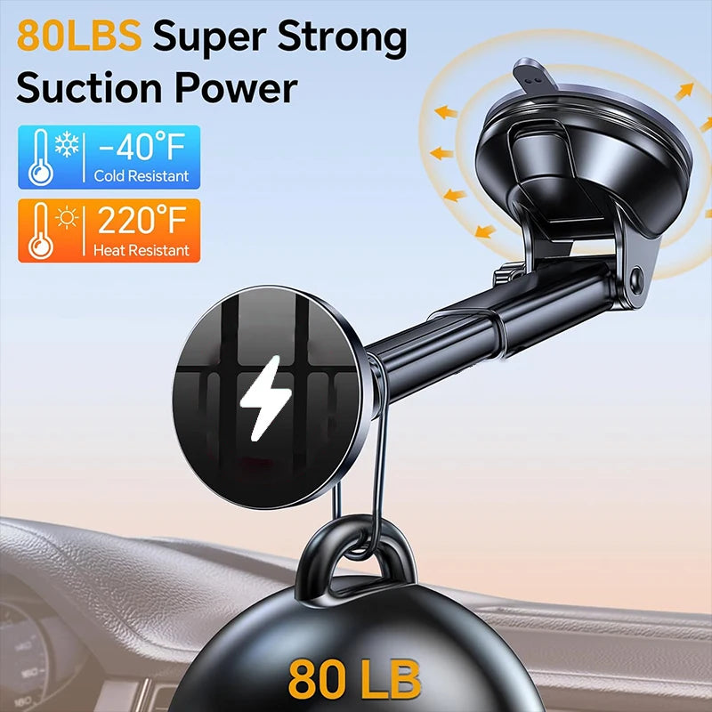 15W Magnetic Wireless Car Charger – Secure MagSafe Phone Mount for Dashboard & Windshield