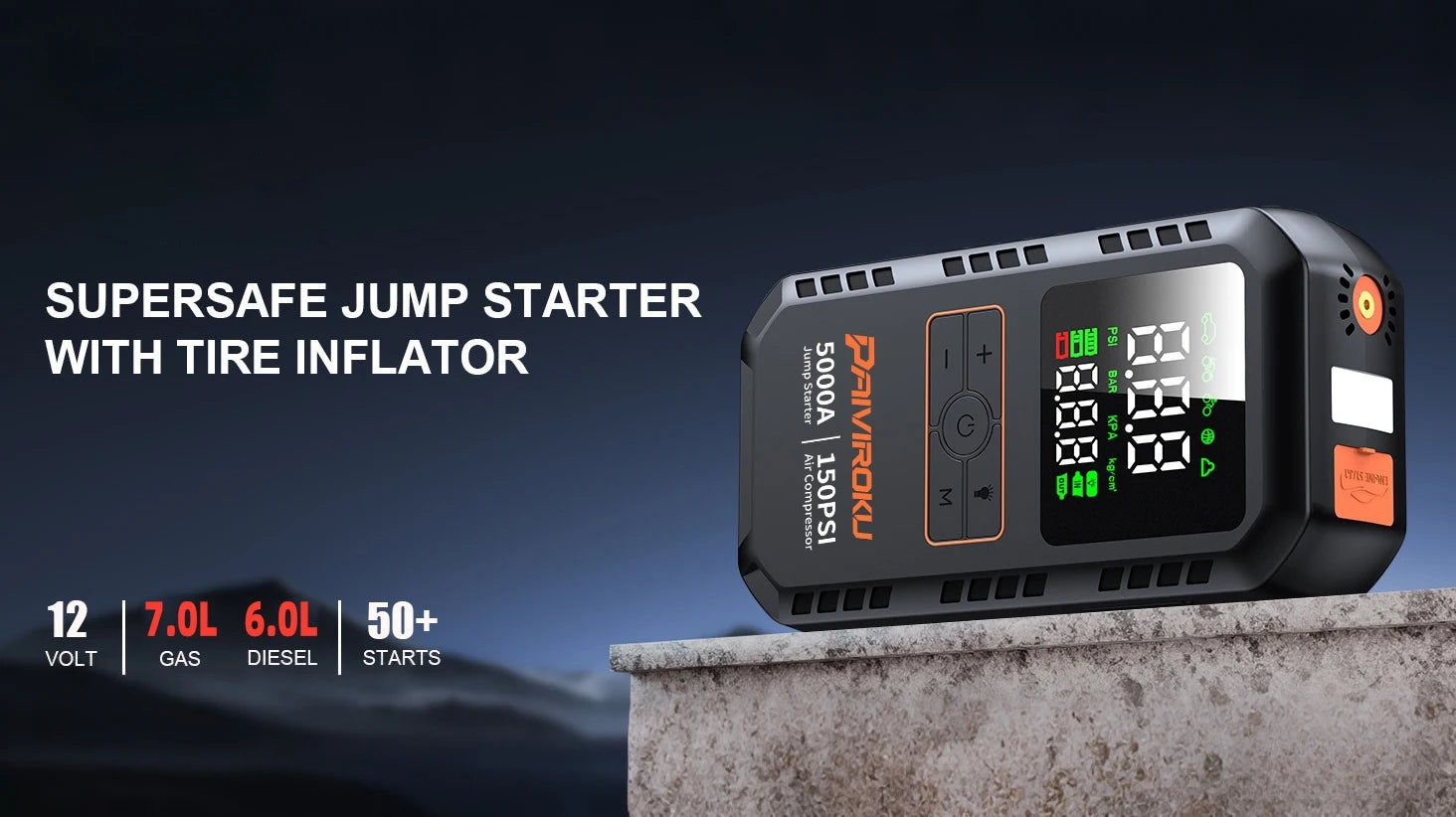PAIVIROKU 4-in-1 Car Jump Starter – 5000A Peak, Air Compressor, Power Bank & Tire Inflator