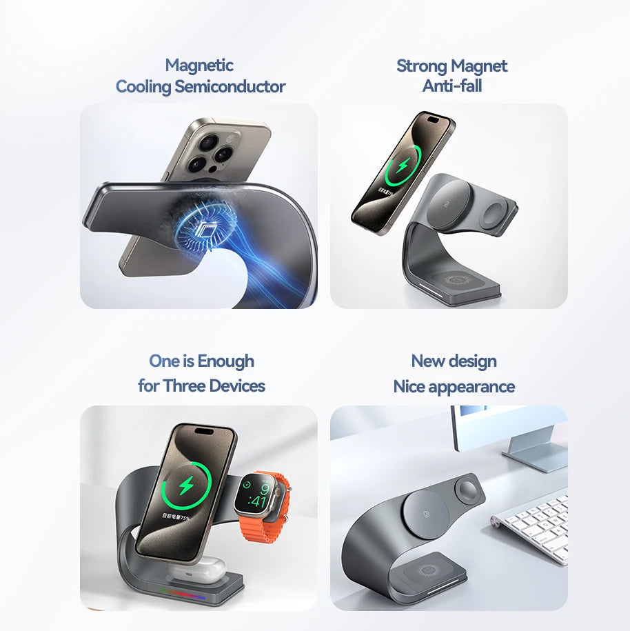 4-in-1 Magnetic Wireless Charging Station – 15W Fast Charge for iPhone, AirPods & Apple Watch