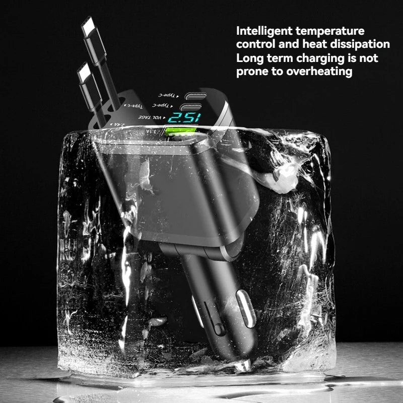 Car Charger with Retractable Cable – 5-in-1 Fast Charging (3.1A, PD, USB)