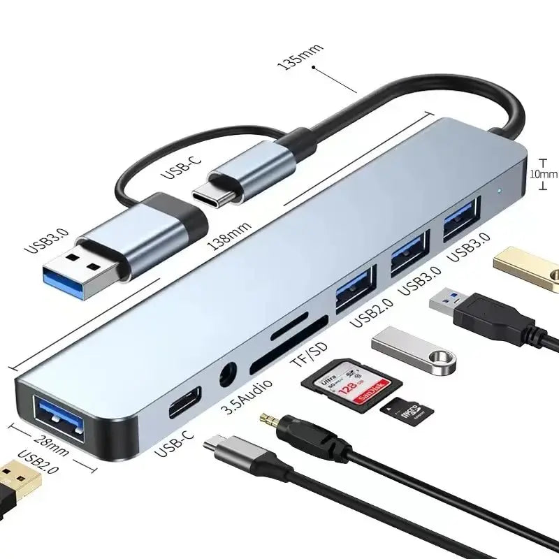 8-in-2 USB Hub – USB C, USB 3.0/2.0, SD/TF Card Reader & Docking Station