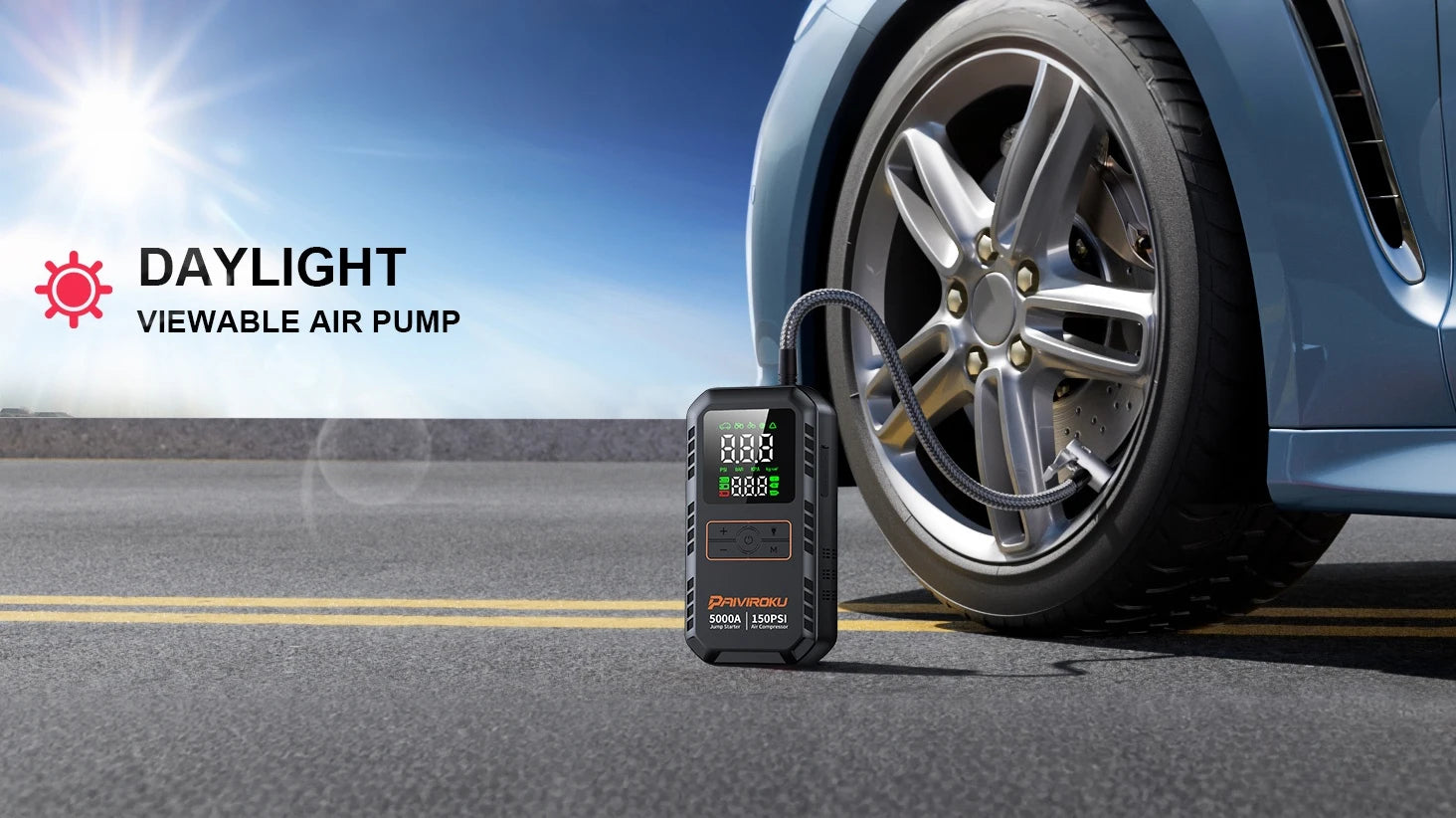 PAIVIROKU 4-in-1 Car Jump Starter – 5000A Peak, Air Compressor, Power Bank & Tire Inflator