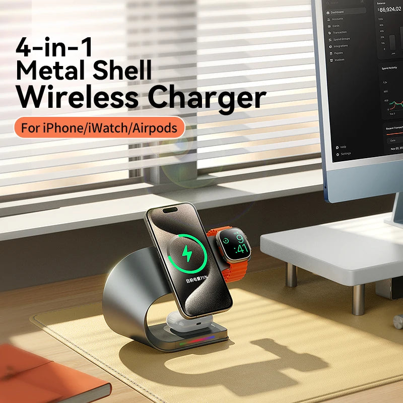 4-in-1 Magnetic Wireless Charging Station – 15W Fast Charge for iPhone, AirPods & Apple Watch