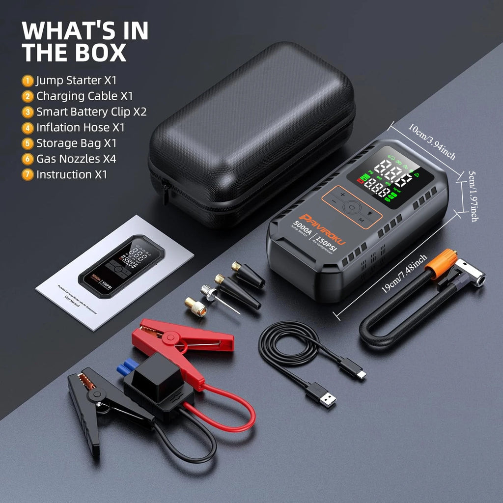 PAIVIROKU 4-in-1 Car Jump Starter – 5000A Peak, Air Compressor, Power Bank & Tire Inflator