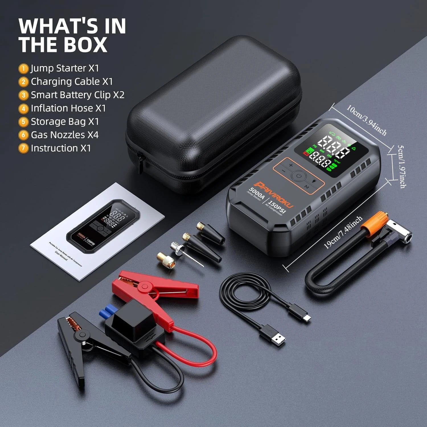 PAIVIROKU 4-in-1 Car Jump Starter – 5000A Peak, Air Compressor, Power Bank & Tire Inflator