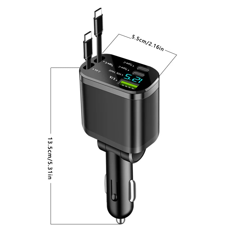 Car Charger with Retractable Cable – 5-in-1 Fast Charging (3.1A, PD, USB)