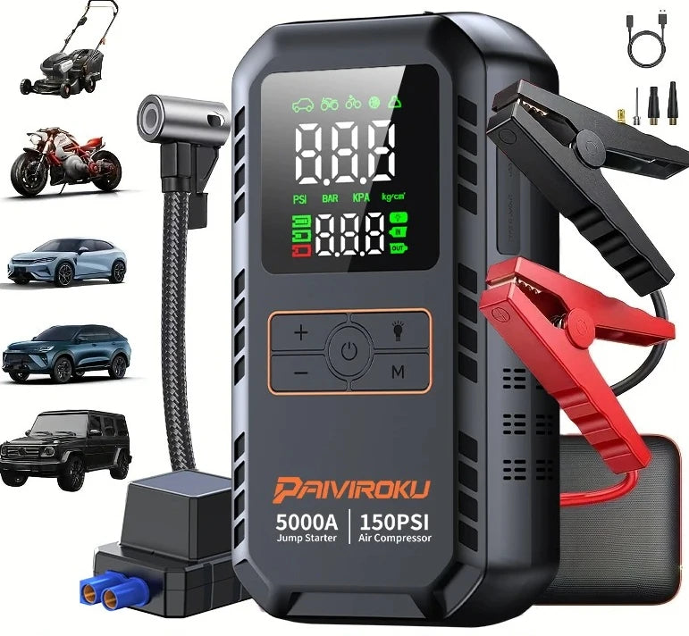 PAIVIROKU 4-in-1 Car Jump Starter – 5000A Peak, Air Compressor, Power Bank & Tire Inflator