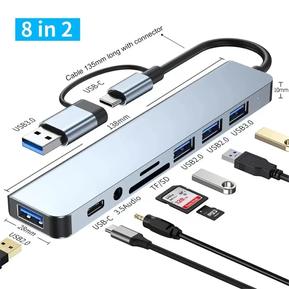 8-in-2 USB Hub – USB C, USB 3.0/2.0, SD/TF Card Reader & Docking Station