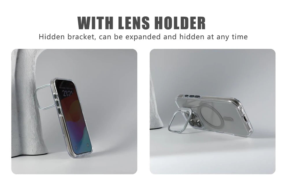 Luxury Magnetic Shockproof Clear Bumper Case for iPhone 17 Pro Max Air 16 15 14 13 12 Plus For Magsafe Lens Protect Stand Cover