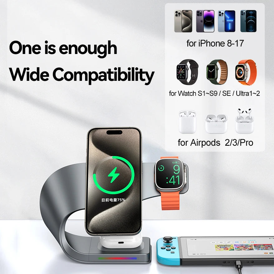 4-in-1 Magnetic Wireless Charging Station – 15W Fast Charge for iPhone, AirPods & Apple Watch