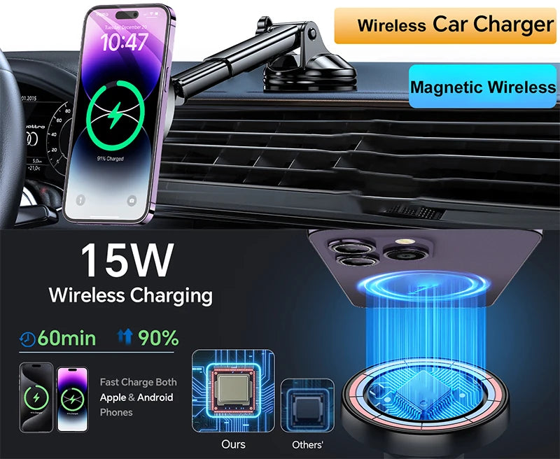 15W Magnetic Wireless Car Charger – Secure MagSafe Phone Mount for Dashboard & Windshield
