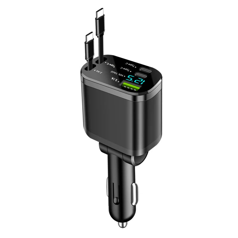 Car Charger with Retractable Cable – 5-in-1 Fast Charging (3.1A, PD, USB)