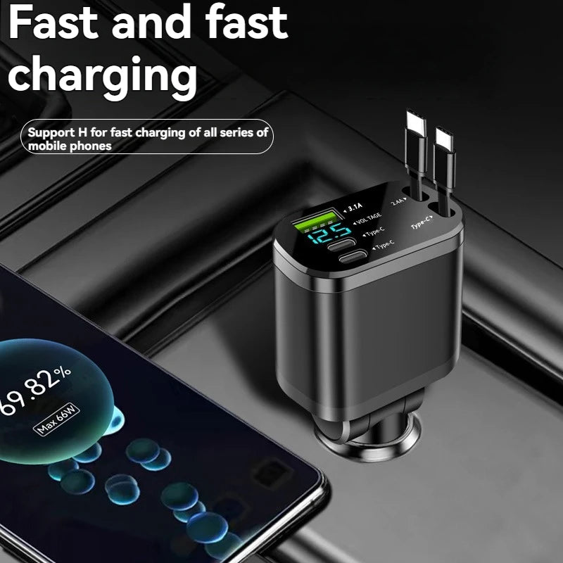Car Charger with Retractable Cable – 5-in-1 Fast Charging (3.1A, PD, USB)