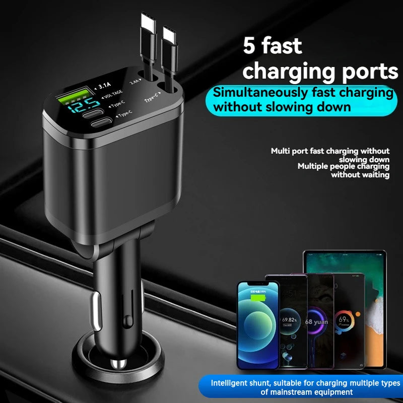 Car Charger with Retractable Cable – 5-in-1 Fast Charging (3.1A, PD, USB)