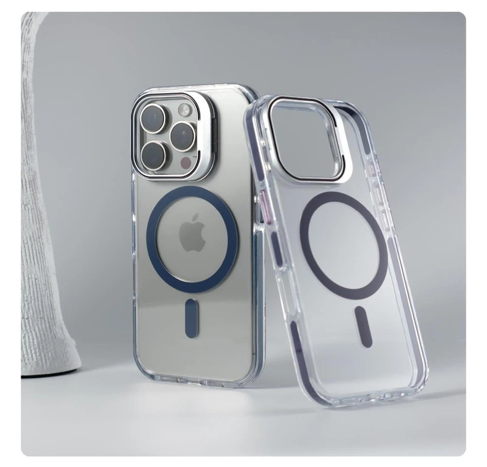 Luxury Magnetic Shockproof Clear Bumper Case for iPhone 17 Pro Max Air 16 15 14 13 12 Plus For Magsafe Lens Protect Stand Cover