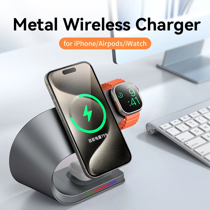 4-in-1 Magnetic Wireless Charging Station – 15W Fast Charge for iPhone, AirPods & Apple Watch