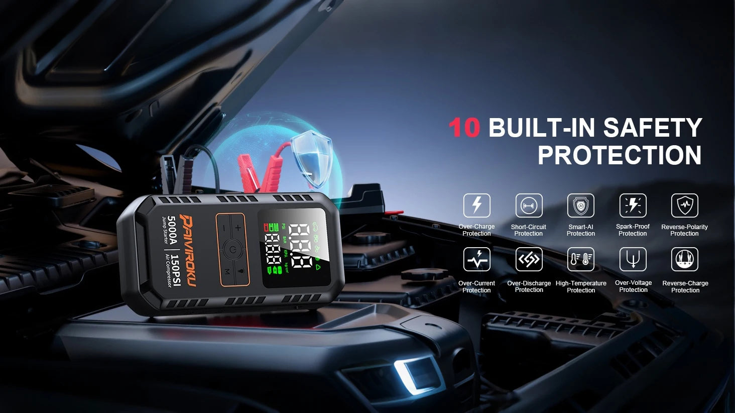 PAIVIROKU 4-in-1 Car Jump Starter – 5000A Peak, Air Compressor, Power Bank & Tire Inflator