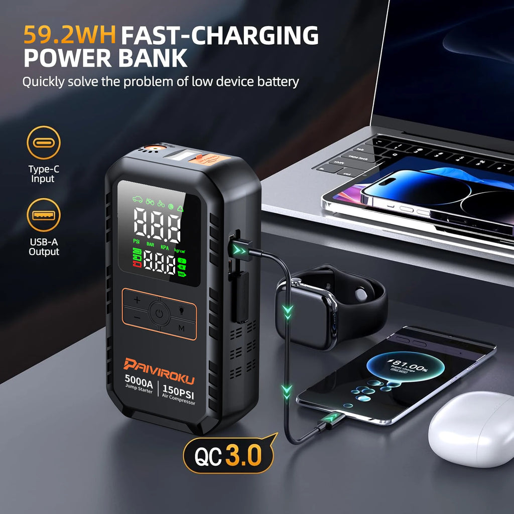 PAIVIROKU 4-in-1 Car Jump Starter – 5000A Peak, Air Compressor, Power Bank & Tire Inflator