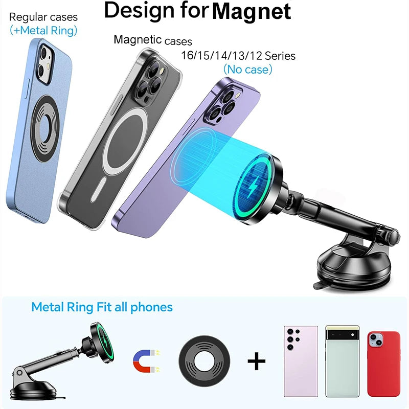 15W Magnetic Wireless Car Charger – Secure MagSafe Phone Mount for Dashboard & Windshield