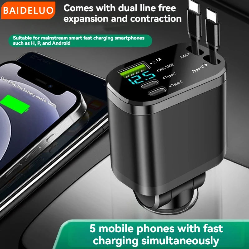 Car Charger with Retractable Cable – 5-in-1 Fast Charging (3.1A, PD, USB)