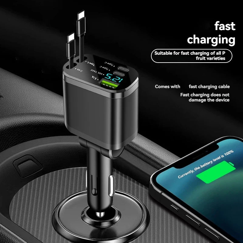 Car Charger with Retractable Cable – 5-in-1 Fast Charging (3.1A, PD, USB)