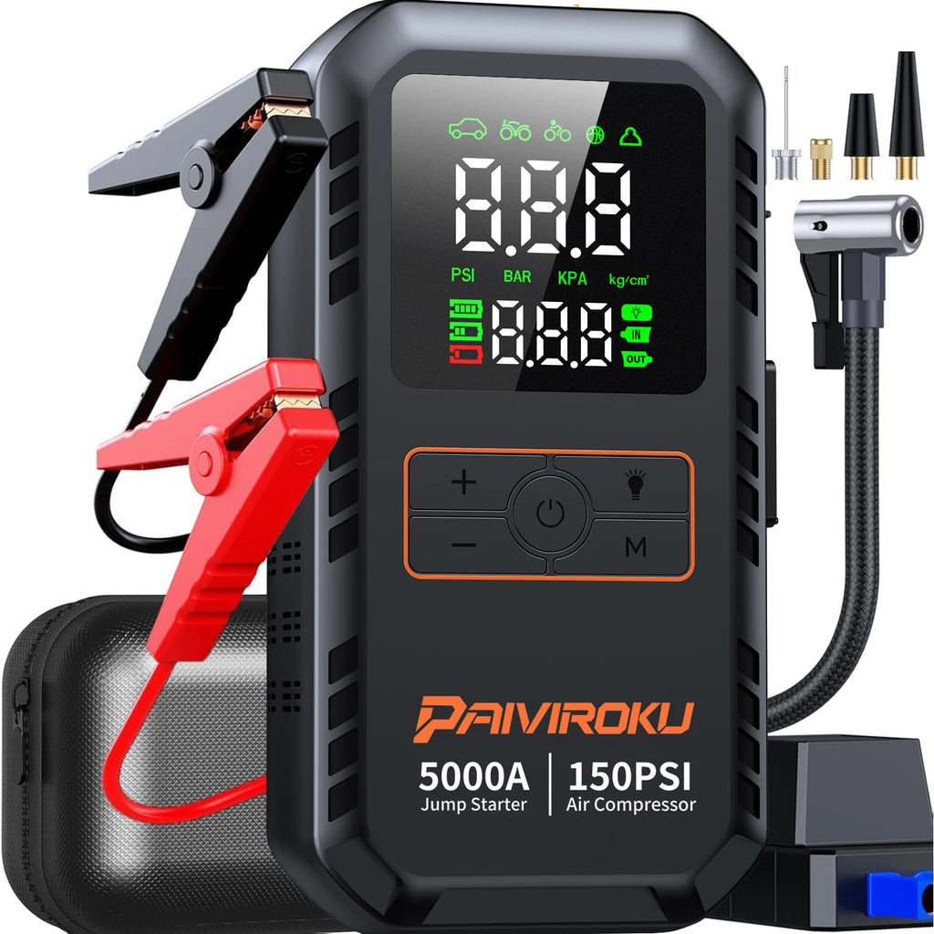 PAIVIROKU 4-in-1 Car Jump Starter – 5000A Peak, Air Compressor, Power Bank & Tire Inflator