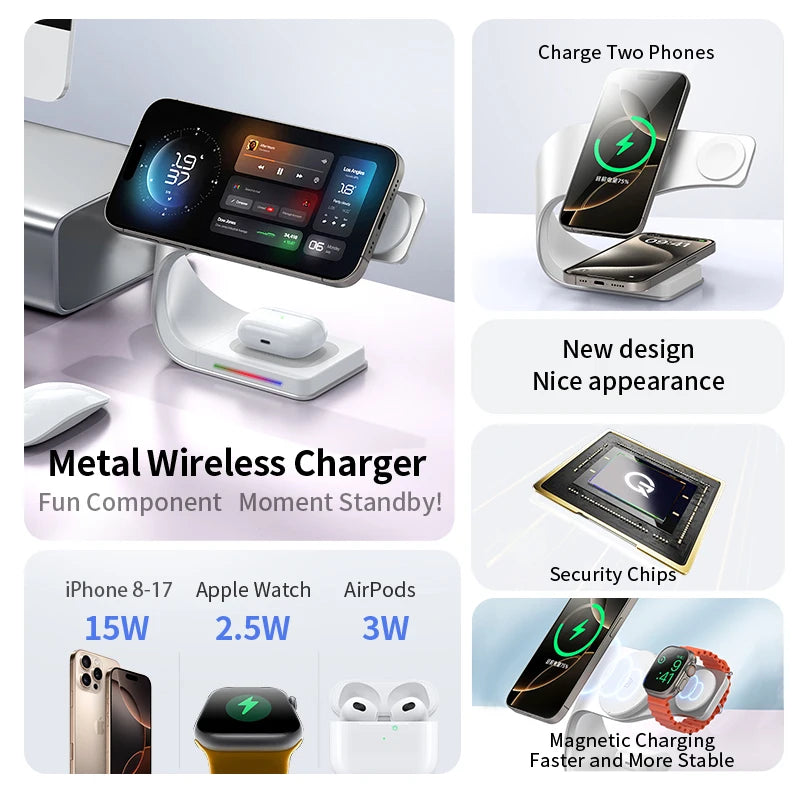 4-in-1 Magnetic Wireless Charging Station – 15W Fast Charge for iPhone, AirPods & Apple Watch