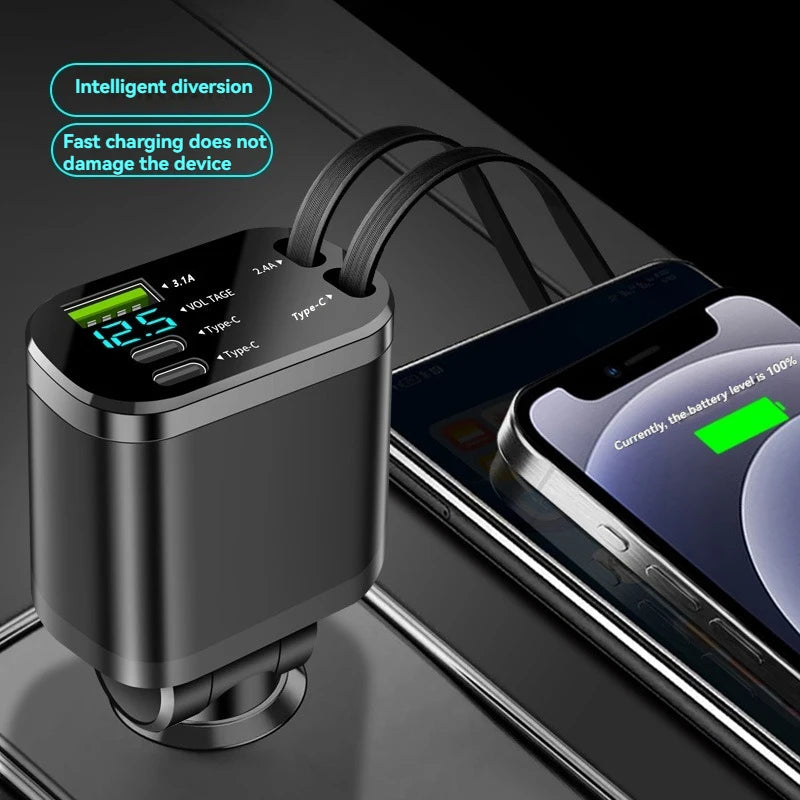 Car Charger with Retractable Cable – 5-in-1 Fast Charging (3.1A, PD, USB)