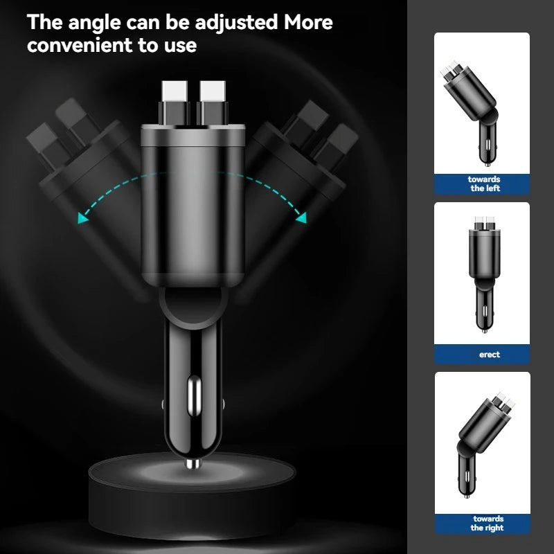 Car Charger with Retractable Cable – 5-in-1 Fast Charging (3.1A, PD, USB)
